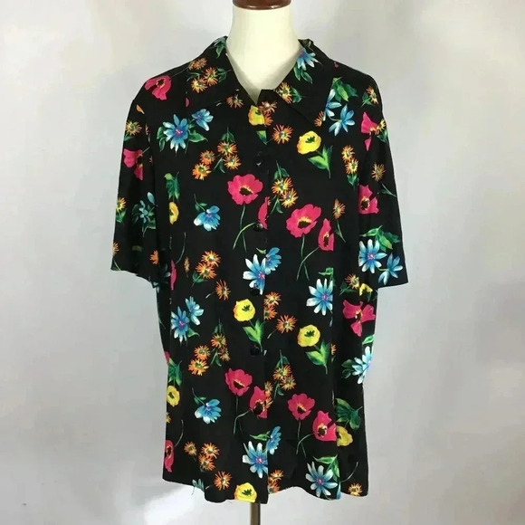 Vintage August Max Black Floral Shirt Short Sleeve Plus Size 20 Tropical Bright - Picture 1 of 10
